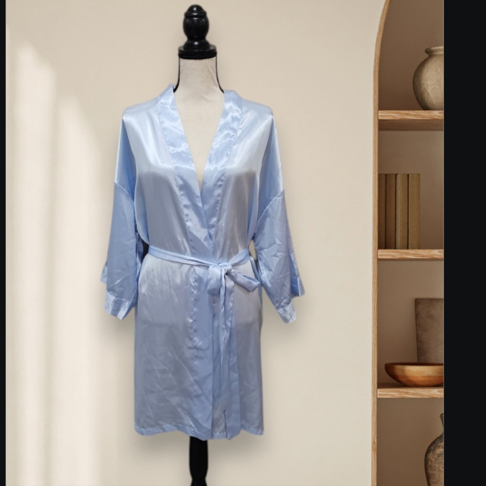 la vie en rose light blue silky satin belted robe